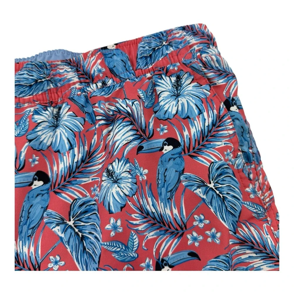 Peter Millar Seaside Crown Coral Blue Toucan Floral Swim Trunks Men's Large 7.5